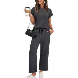 XIEERDUO Women’s Cap Sleeve Lounge Sets 2 Piece Travel Outfits Airport Tracksuits Wide Leg Loungewear S-3XL(Dark Grey)