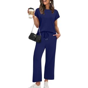XIEERDUO Women’s Cap Sleeve Lounge Sets 2 Piece Travel Outfits Airport Tracksuits Wide Leg Loungewear S-3XL(Navy)