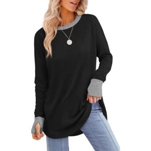 XIEERDUO Womens Tunic Tops to Wear with Leggings Long Sleeve Thumb Hole Shirts Crew Neck Curved Hem(C-color Block Black)