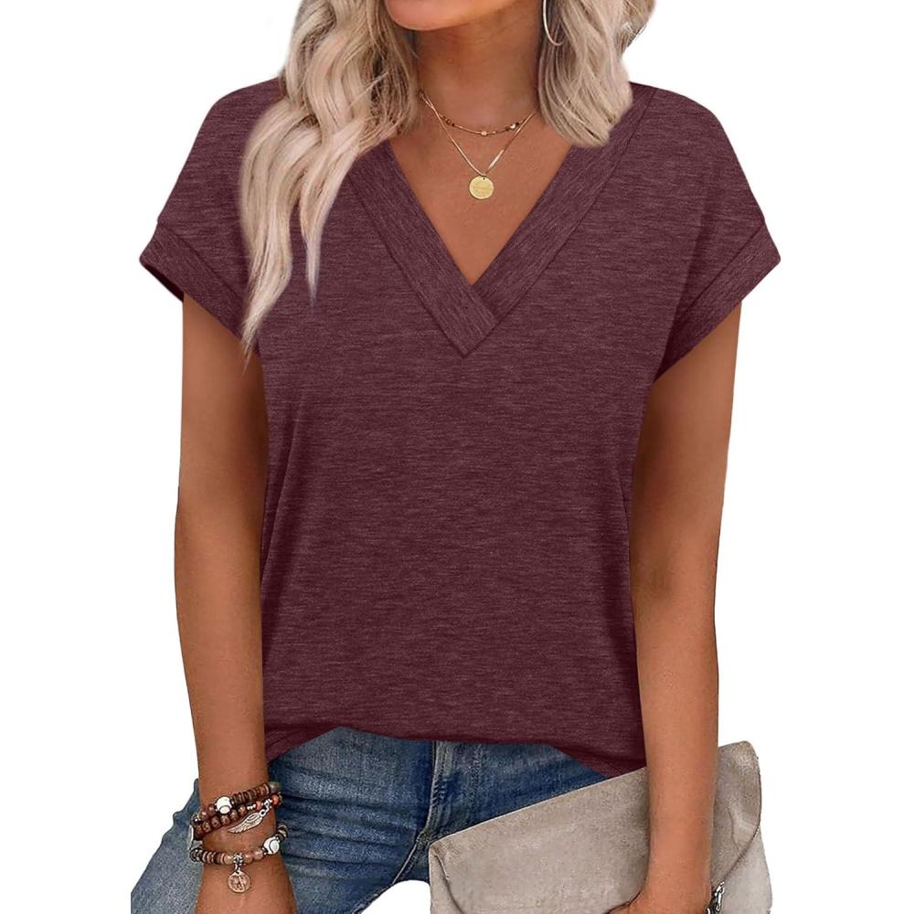imageXIEERDUO Womens Summer Tops Short Sleeve Shrits 2026 Trendy V Neck Spring Outfits Beach Vacation ClothesBurgundy