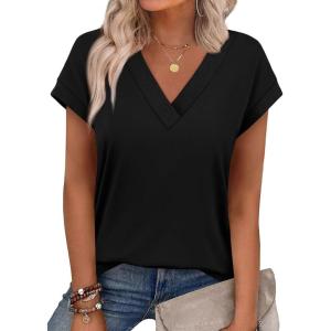 XIEERDUO Womens Summer Tops Short Sleeve Shrits 2026 Trendy V Neck Spring Outfits Beach Vacation Clothes(Black)