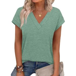 XIEERDUO Womens Summer Tops Short Sleeve Shrits 2026 Trendy V Neck Spring Outfits Beach Vacation Clothes(Blue Green)