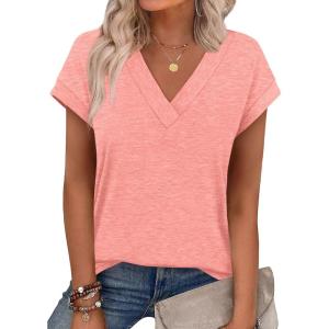 XIEERDUO Womens Summer Tops Short Sleeve Shrits 2026 Trendy V Neck Spring Outfits Beach Vacation Clothes(Coral)