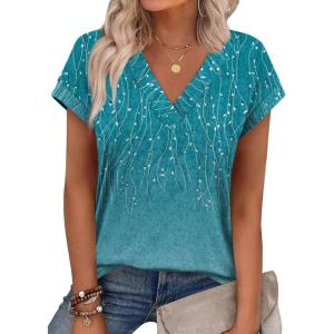 XIEERDUO Womens Summer Tops Short Sleeve Shrits 2026 Trendy V Neck Spring Outfits Beach Vacation Clothes(Patterned-blue Print)