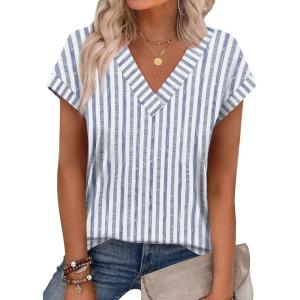 XIEERDUO Womens Summer Tops Short Sleeve Shrits 2026 Trendy V Neck Spring Outfits Beach Vacation Clothes(Patterned-blue Striped)