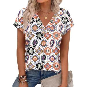 XIEERDUO Womens Summer Tops Short Sleeve Shrits 2026 Trendy V Neck Spring Outfits Beach Vacation Clothes(Patterned-boho Print)