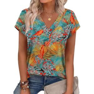 XIEERDUO Womens Summer Tops Short Sleeve Shrits 2026 Trendy V Neck Spring Outfits Beach Vacation Clothes(Patterned-hawaii)
