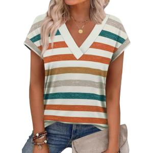 XIEERDUO Womens Summer Tops Short Sleeve Shrits 2026 Trendy V Neck Spring Outfits Beach Vacation Clothes(Patterned-multicolor Stripe)