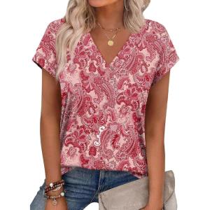 XIEERDUO Womens Summer Tops Short Sleeve Shrits 2026 Trendy V Neck Spring Outfits Beach Vacation Clothes(Patterned-pink Print)