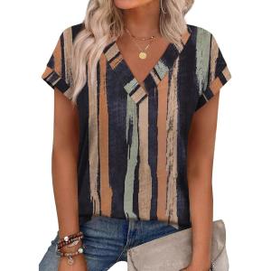 XIEERDUO Womens Summer Tops Short Sleeve Shrits 2026 Trendy V Neck Spring Outfits Beach Vacation Clothes(Patterned-tie Dye Striped)
