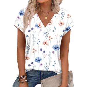 XIEERDUO Womens Summer Tops Short Sleeve Shrits 2026 Trendy V Neck Spring Outfits Beach Vacation Clothes(Patterned-white Floral)