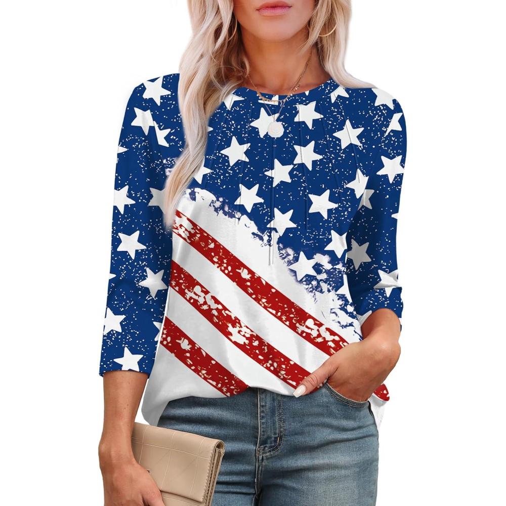 imageXIEERDUO 34 Length Sleeve Womens Tops Round Neck Casual Tunic Tops Basic Pleated Shirts Loose Fit 2025Flagwhite