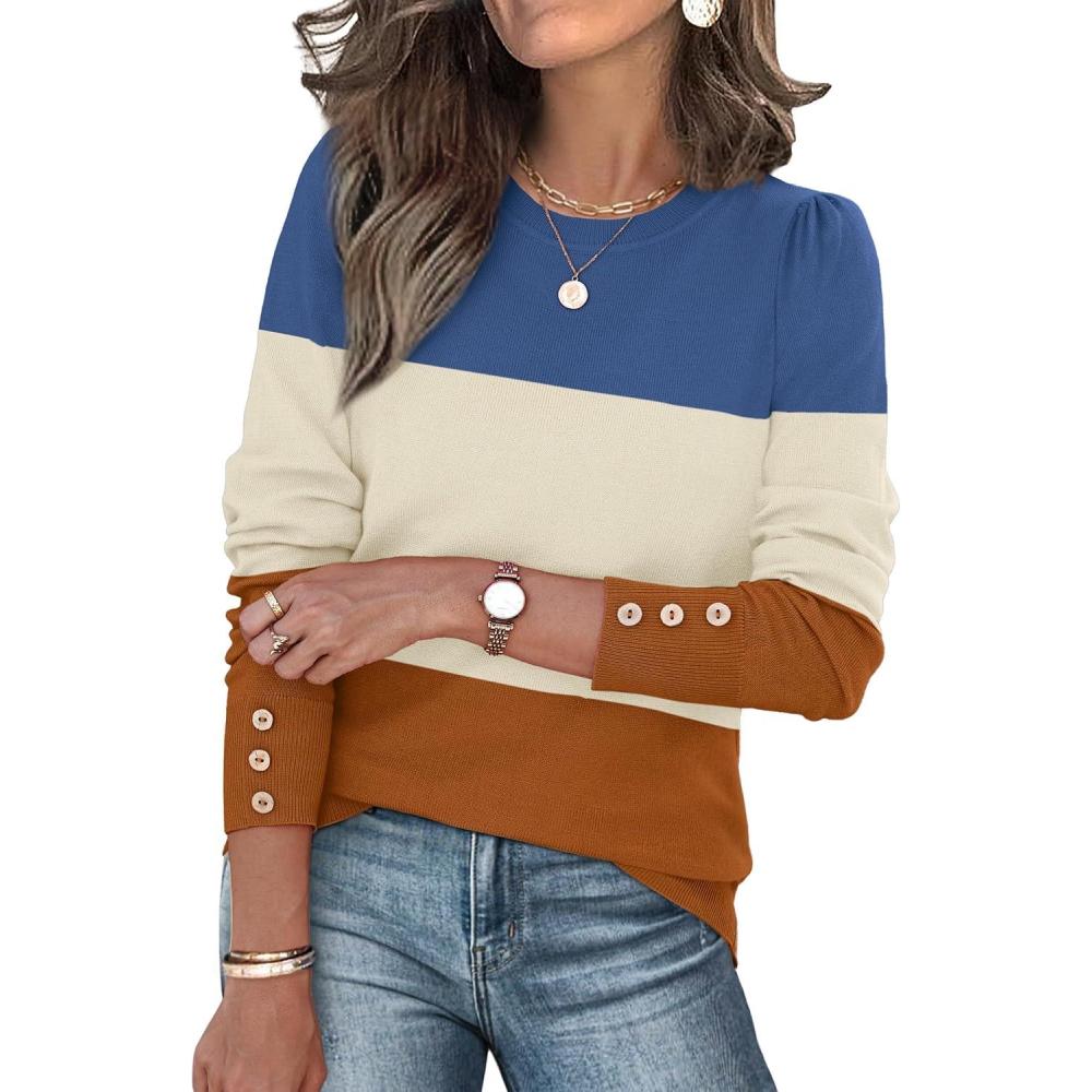 imageWomens Sweaters Fall Fashion 2025 Long Sleeve Button Cuff Soft Knit Pullover Trendy Tops Dressy Casual BlousesBlue Apricot Orange