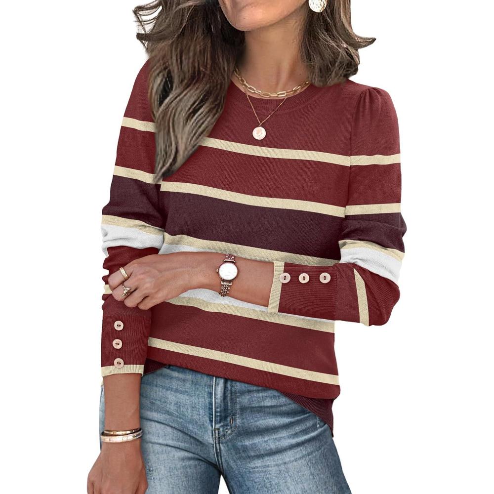 imageWomens Sweaters Fall Fashion 2025 Long Sleeve Button Cuff Soft Knit Pullover Trendy Tops Dressy Casual BlousesColored Stripes 1