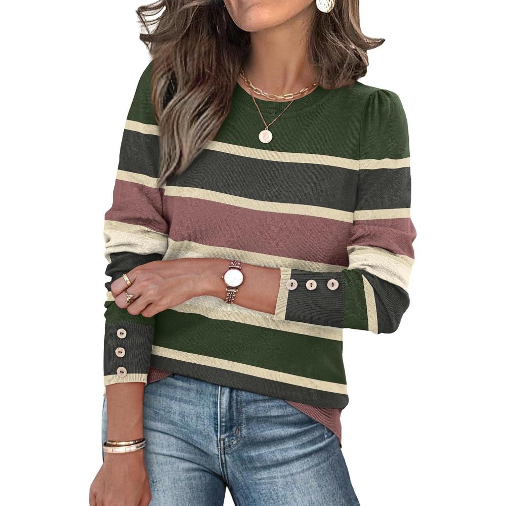 imageWomens Sweaters Fall Fashion 2025 Long Sleeve Button Cuff Soft Knit Pullover Trendy Tops Dressy Casual BlousesColored Stripes 3