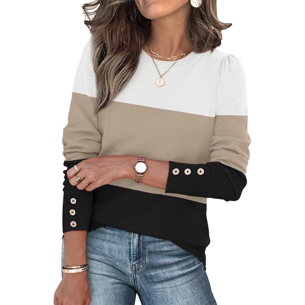 imageWomens Sweaters Fall Fashion 2025 Long Sleeve Button Cuff Soft Knit Pullover Trendy Tops Dressy Casual BlousesWhite Brown Black