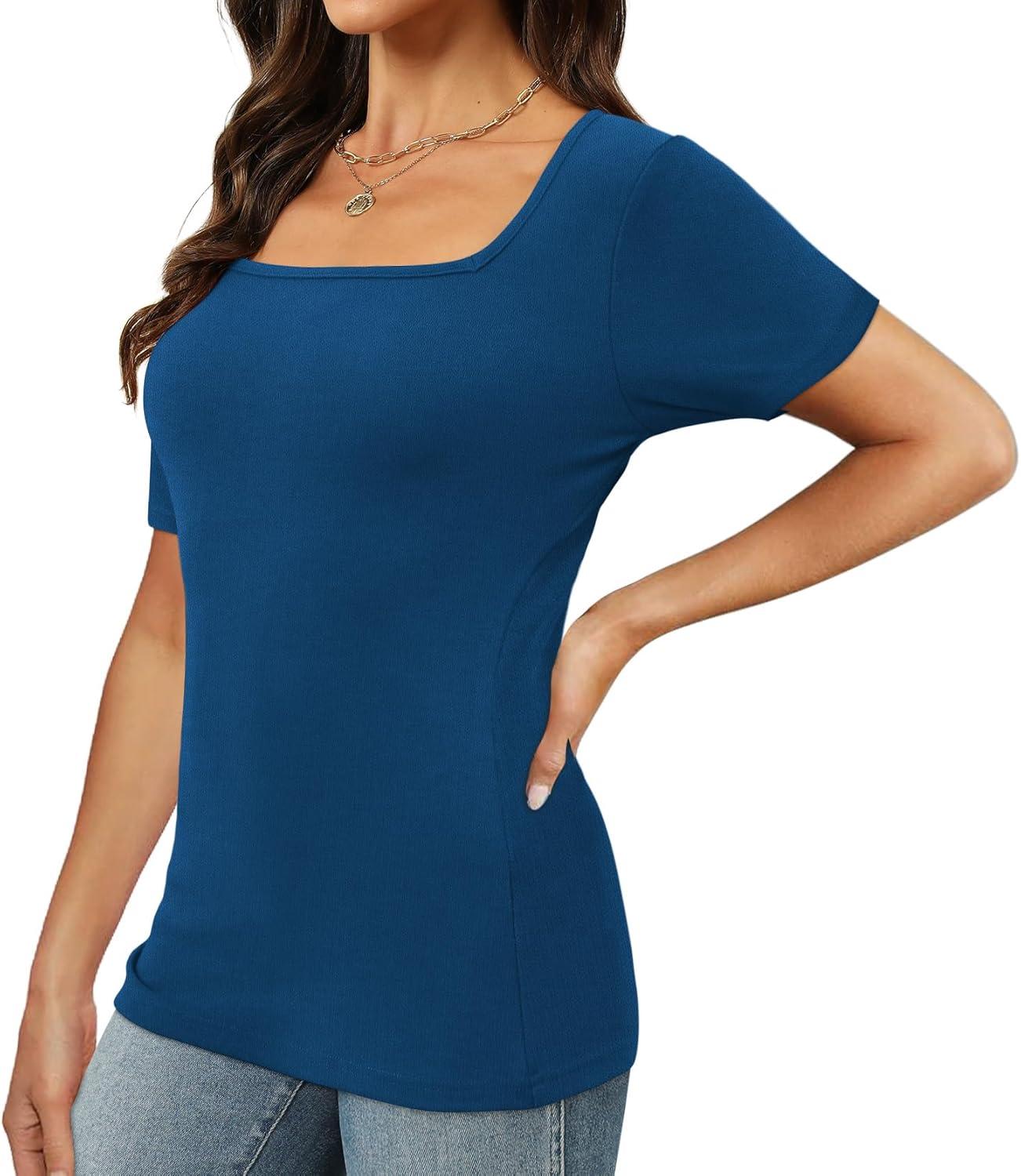 imageXIEERDUO Womens Square Neck ShortLong SleeveTops 2024 Spring Summer Slim Fit Tees ShirtsA Short Sleeve Blue