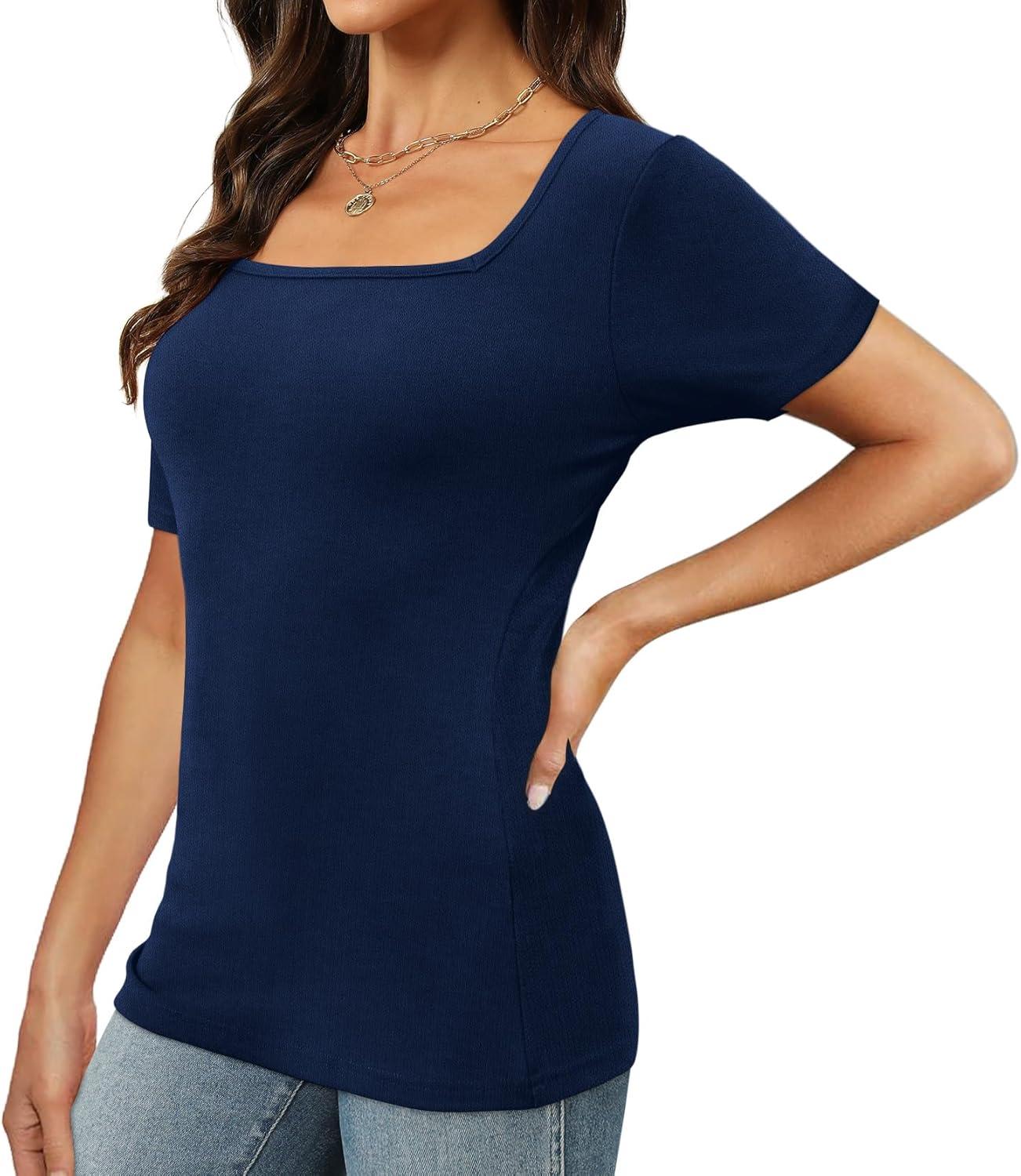 imageXIEERDUO Womens Square Neck ShortLong SleeveTops 2024 Spring Summer Slim Fit Tees ShirtsA Short Sleeve Navy Blue