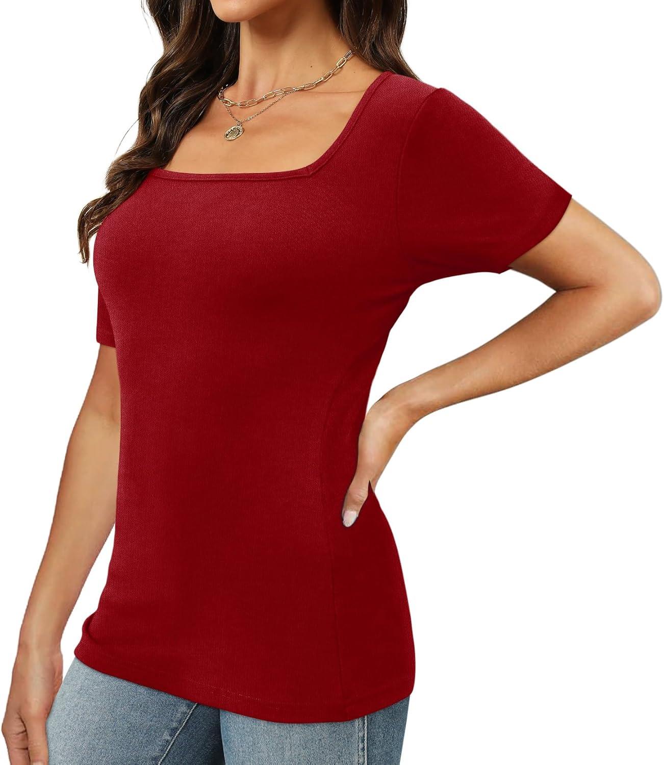 imageXIEERDUO Womens Square Neck ShortLong SleeveTops 2024 Spring Summer Slim Fit Tees ShirtsA Short Sleeve Red