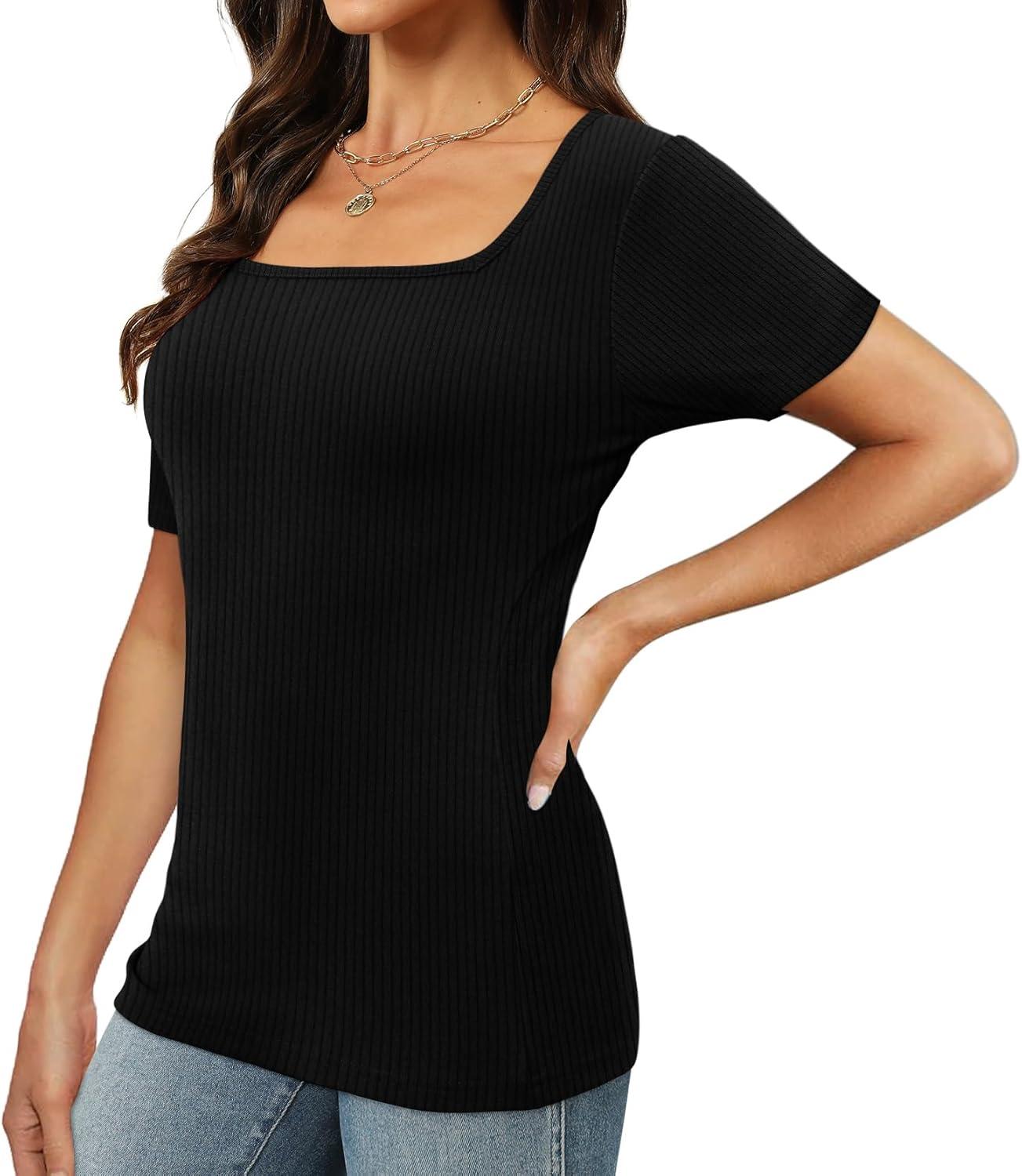 imageXIEERDUO Womens Square Neck ShortLong SleeveTops 2024 Spring Summer Slim Fit Tees ShirtsA Short Sleeve Ribbed Black