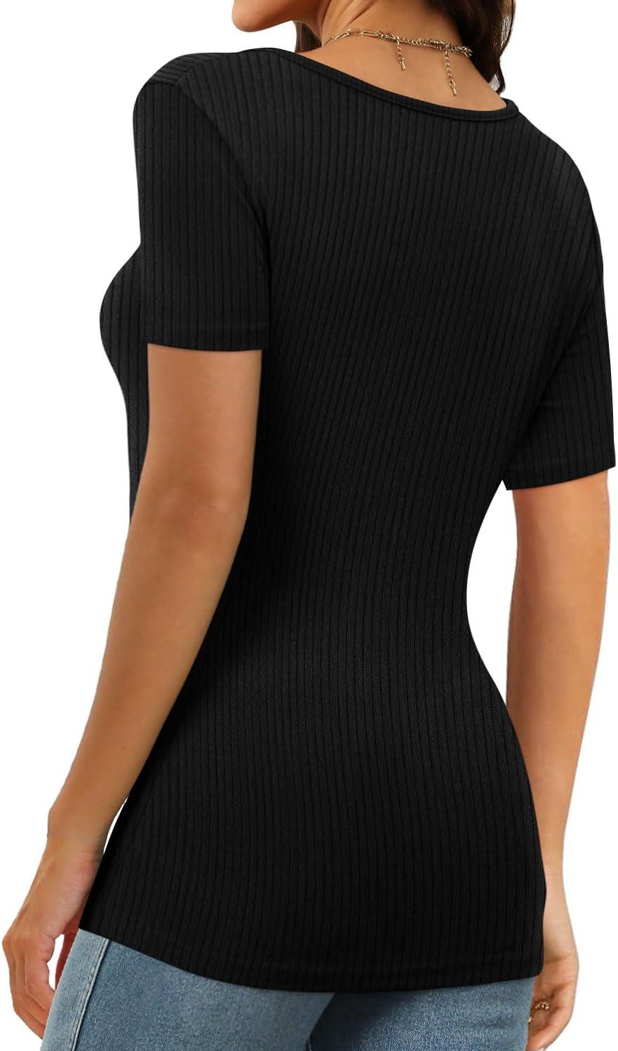 imageXIEERDUO Womens Square Neck ShortLong SleeveTops 2024 Spring Summer Slim Fit Tees ShirtsA Short Sleeve Ribbed Black
