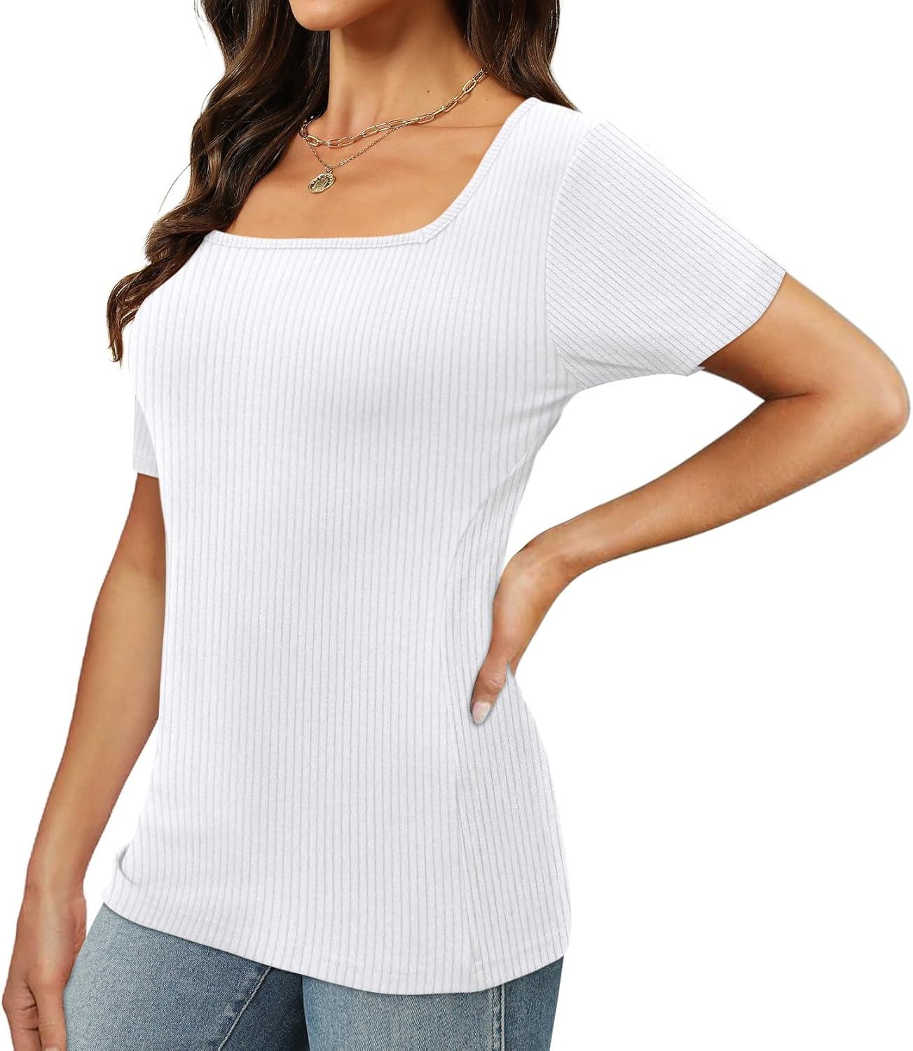 imageXIEERDUO Womens Square Neck ShortLong SleeveTops 2024 Spring Summer Slim Fit Tees ShirtsA Short Sleeve Ribbed White