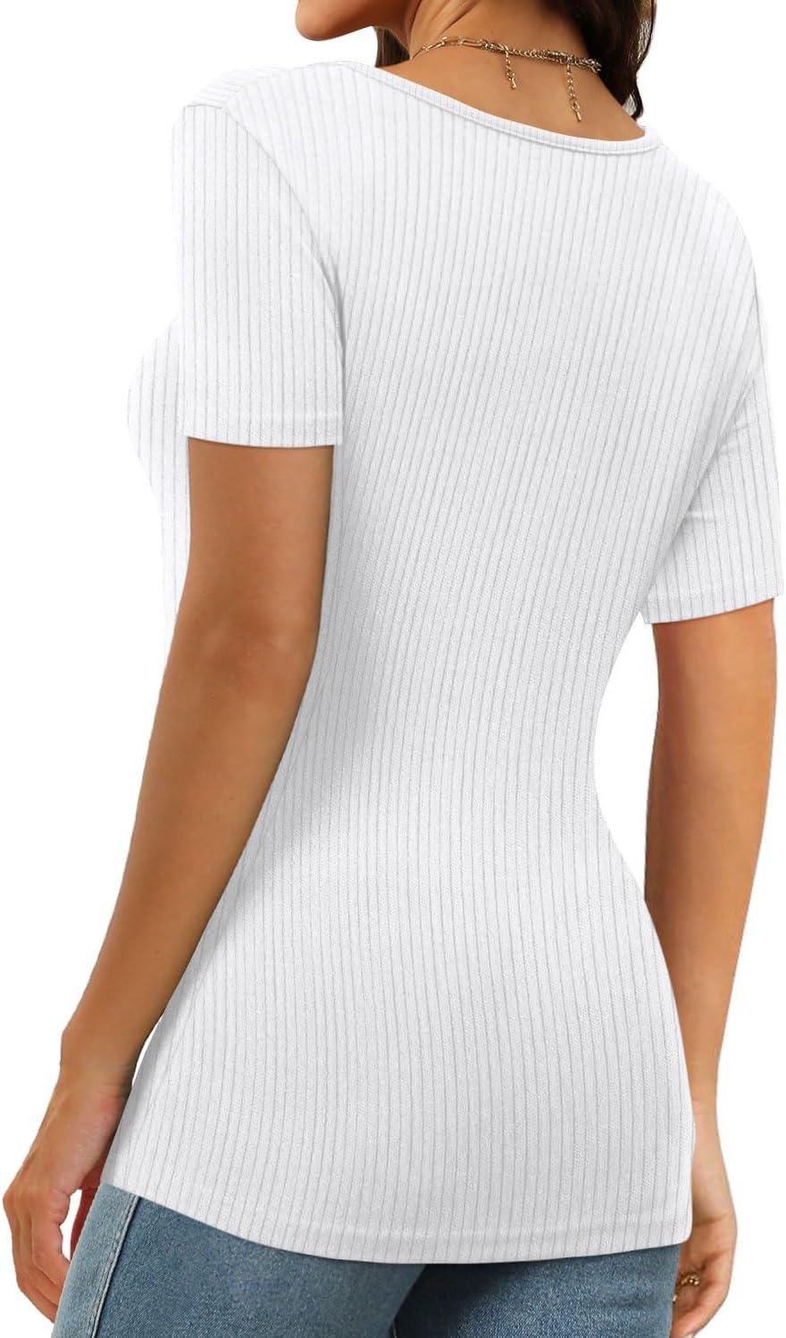 imageXIEERDUO Womens Square Neck ShortLong SleeveTops 2024 Spring Summer Slim Fit Tees ShirtsA Short Sleeve Ribbed White