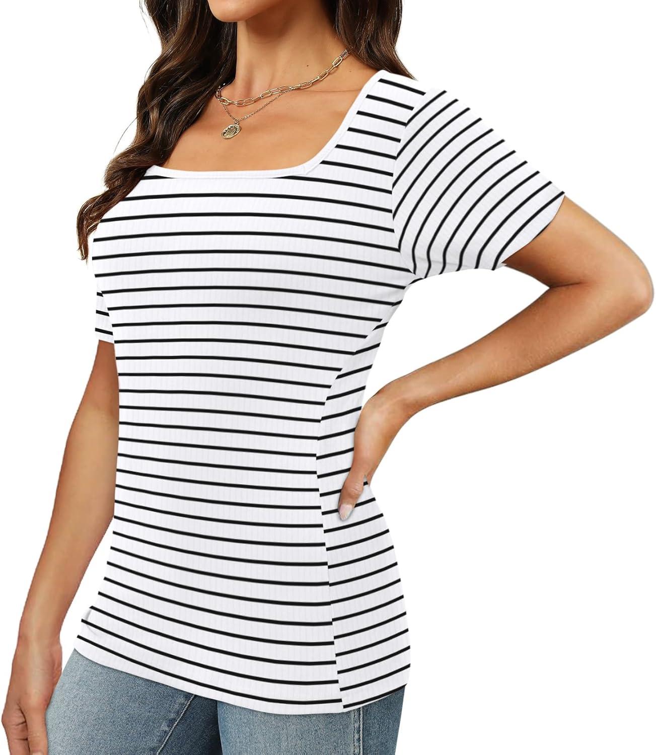 imageXIEERDUO Womens Square Neck ShortLong SleeveTops 2024 Spring Summer Slim Fit Tees ShirtsA Short Sleeve Striped White