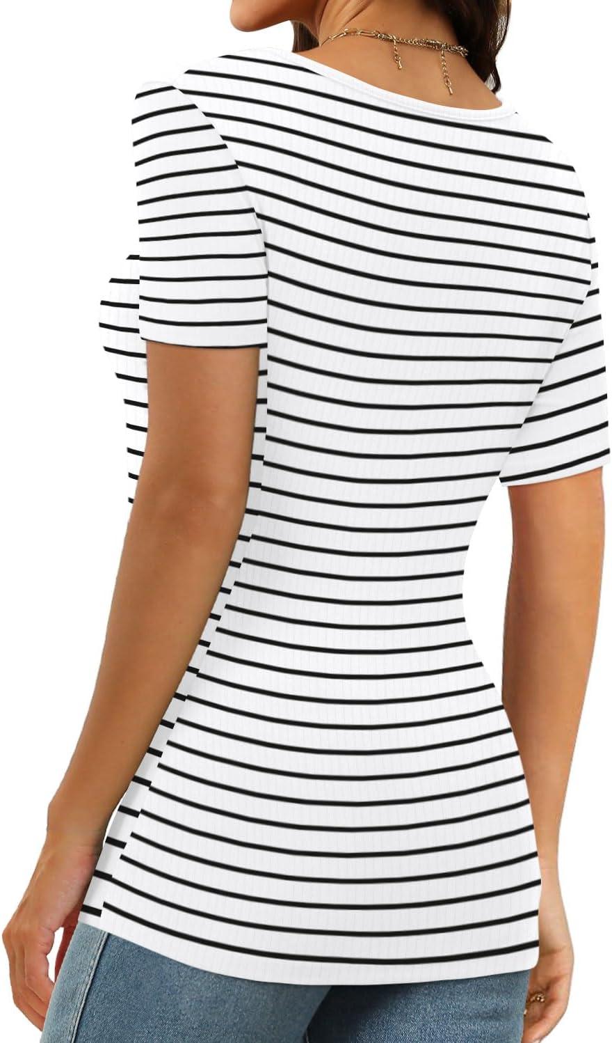 imageXIEERDUO Womens Square Neck ShortLong SleeveTops 2024 Spring Summer Slim Fit Tees ShirtsA Short Sleeve Striped White