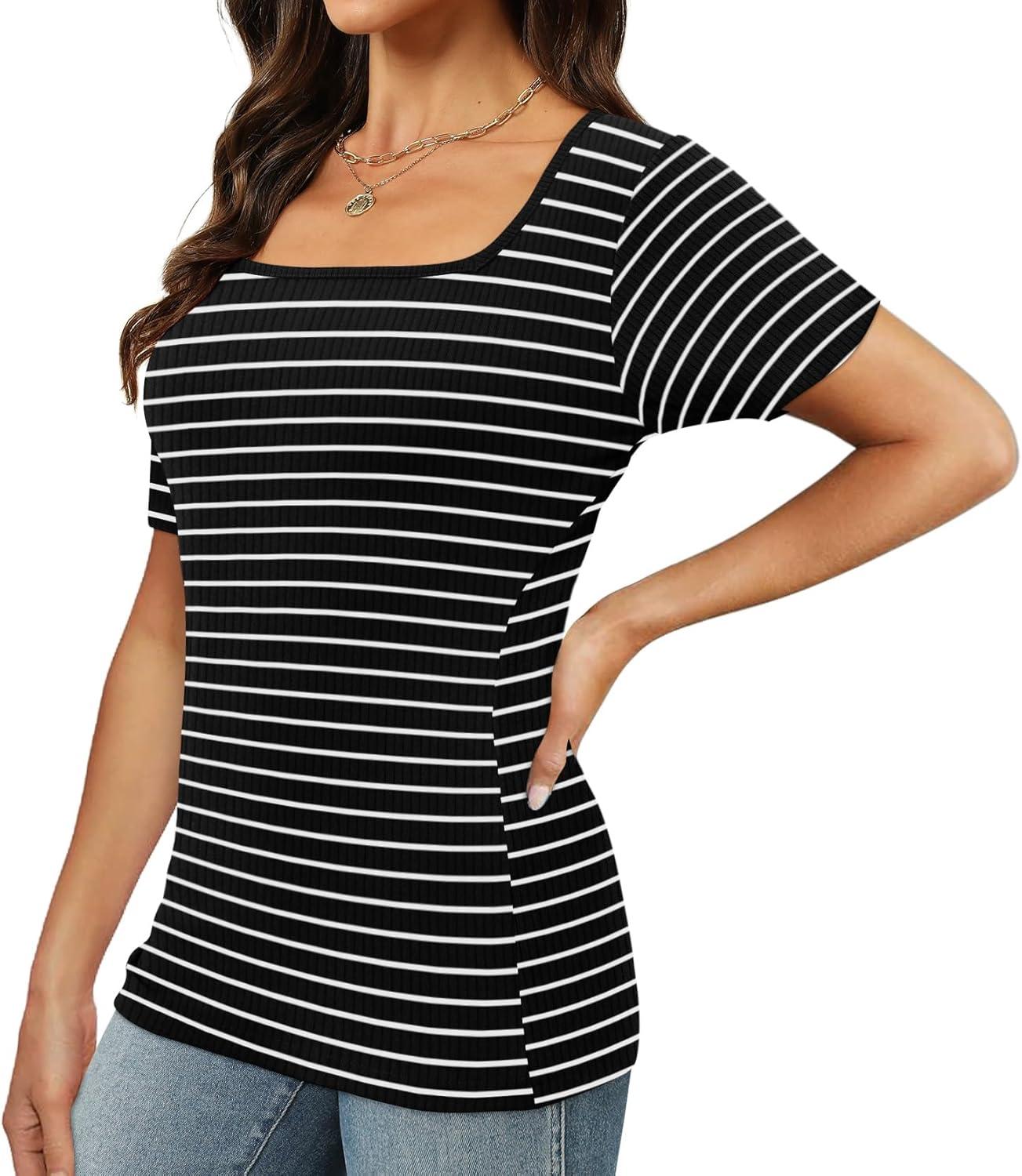 imageXIEERDUO Womens Square Neck ShortLong SleeveTops 2024 Spring Summer Slim Fit Tees ShirtsA Short Sleevestriped Black