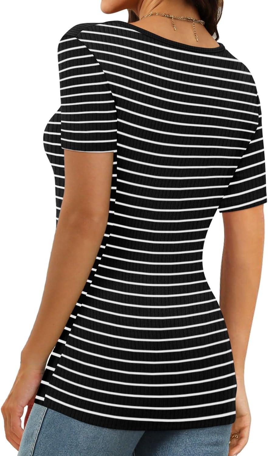 imageXIEERDUO Womens Square Neck ShortLong SleeveTops 2024 Spring Summer Slim Fit Tees ShirtsA Short Sleevestriped Black