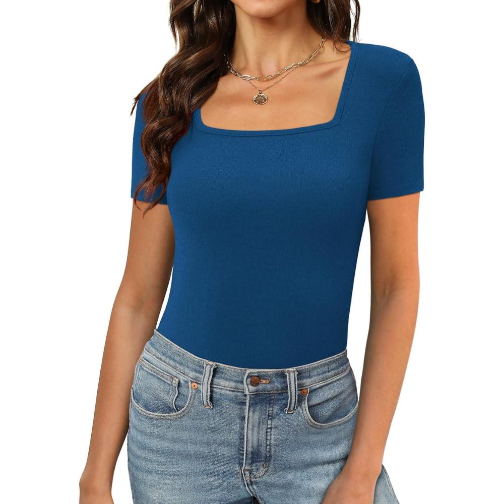 imageXIEERDUO Womens Square Neck ShortLong SleeveTops 2024 Spring Summer Slim Fit Tees ShirtsA Short Sleeve Blue