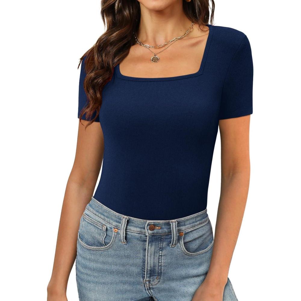 imageXIEERDUO Womens Square Neck ShortLong SleeveTops 2024 Spring Summer Slim Fit Tees ShirtsA Short Sleeve Navy Blue