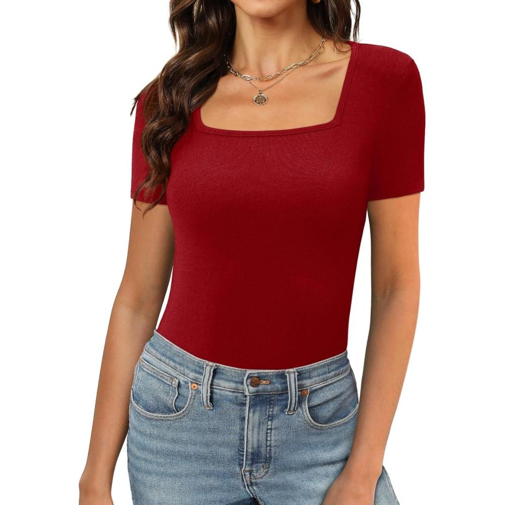 imageXIEERDUO Womens Square Neck ShortLong SleeveTops 2024 Spring Summer Slim Fit Tees ShirtsA Short Sleeve Red
