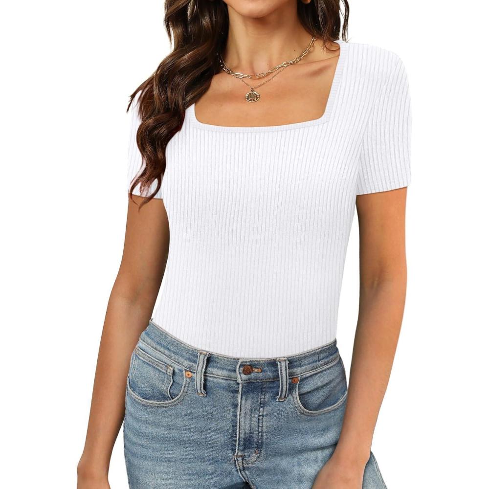 imageXIEERDUO Womens Square Neck ShortLong SleeveTops 2024 Spring Summer Slim Fit Tees ShirtsA Short Sleeve Ribbed White