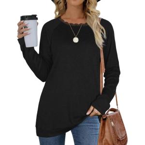 XIEERDUO Womens Long Sleeve Shirts Lace Crewneck Tunic Tops for Leggings Loose Fit(01-black)