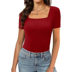XIEERDUO Womens Square Neck Short/Long SleeveTops 2024 Spring Summer Slim Fit Tees Shirts(A Short Sleeve Red)