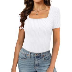 XIEERDUO Womens Square Neck Short/Long SleeveTops 2024 Spring Summer Slim Fit Tees Shirts(A Short Sleeve Ribbed White)