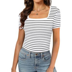 XIEERDUO Womens Square Neck Short/Long SleeveTops 2024 Spring Summer Slim Fit Tees Shirts(A Short Sleeve Striped White)