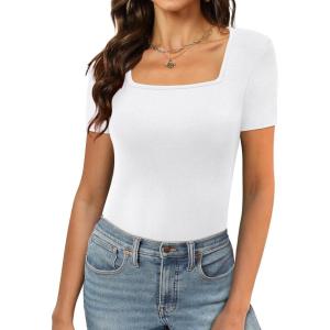 XIEERDUO Womens Square Neck Short/Long SleeveTops 2024 Spring Summer Slim Fit Tees Shirts(A Short Sleeve White)