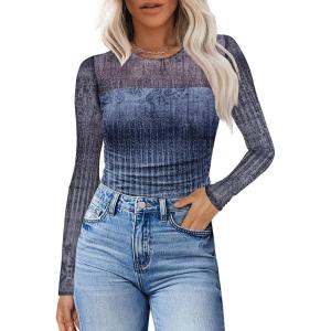 XIEERDUO Women’s Sexy Sheer Long Sleeve Tops Crew Neck Mesh Ruched Going Out Shirts Blouse Date Night Outfits(Z Print Ombre)