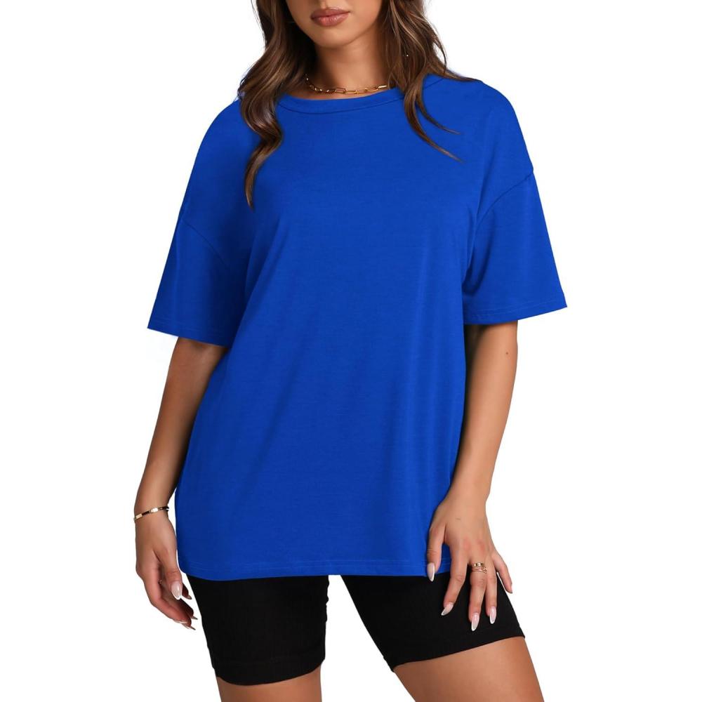 imageOversized T Shirts for Women Summer Crewneck Short Sleeve Basic Tops Loose FitIblue