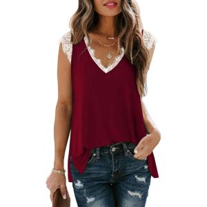 XIEERDUO Women’s V Neck Lace Tank Tops Summer Casual Sleeveless Shirts Tops Side Split(06-burgundy)