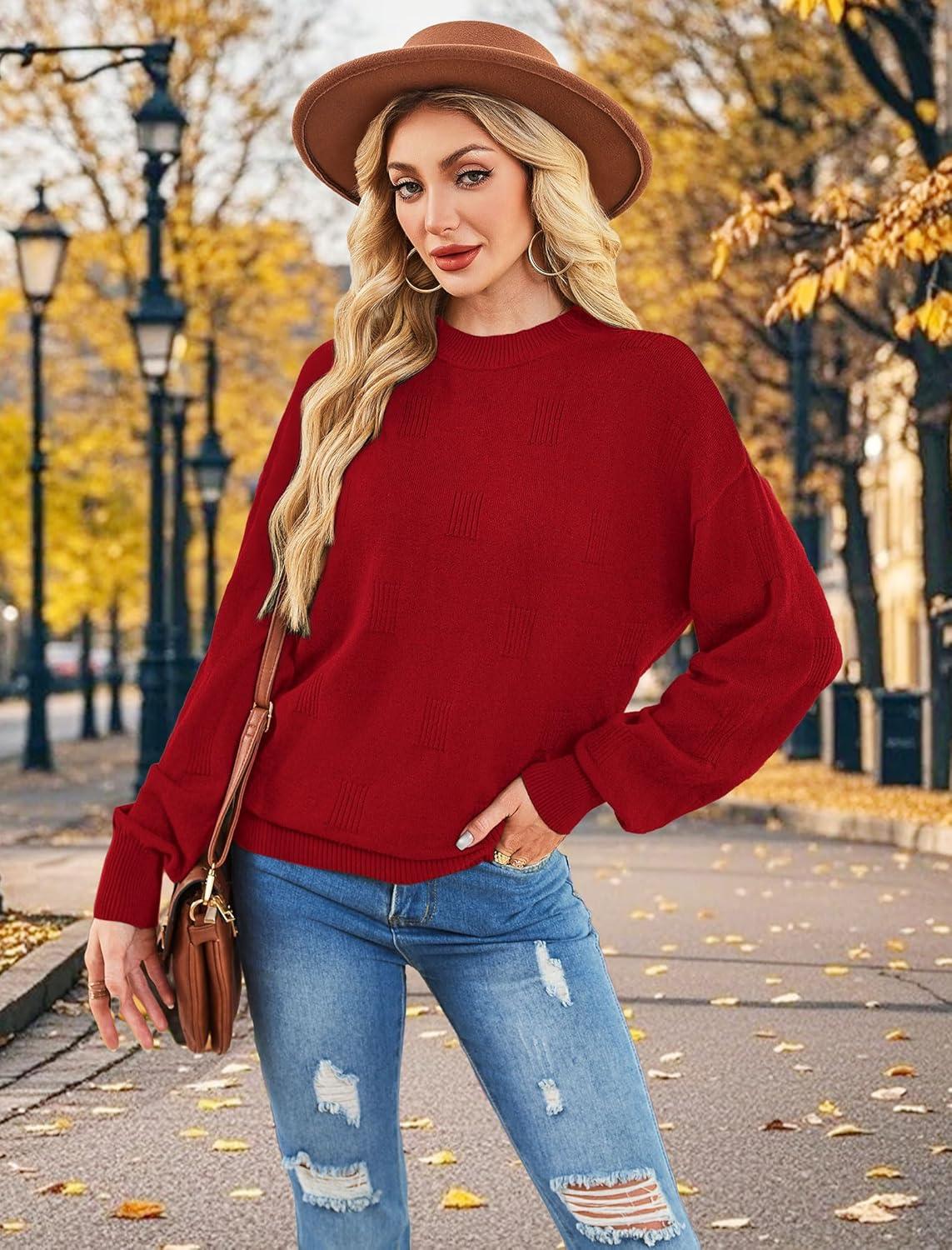 imageXIEERDUO Womens Sweaters Pullover Knit Sweater Turtleneck Long Sleeve Shirts Fall Fashion 2025Bright Red