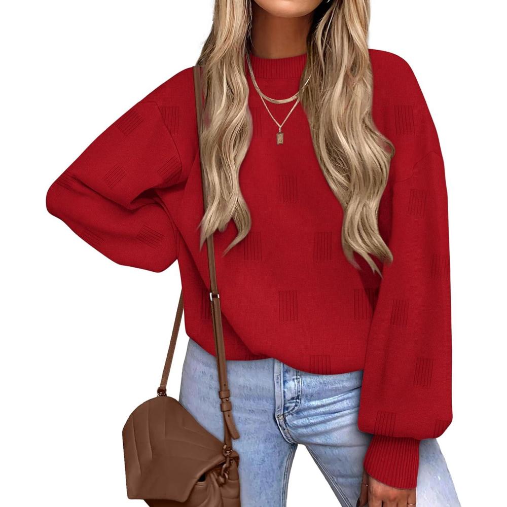 imageXIEERDUO Womens Sweaters Pullover Knit Sweater Turtleneck Long Sleeve Shirts Fall Fashion 2025Bright Red