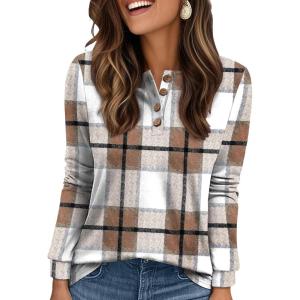 XIEERDUO Thermal Long Sleeve Shirts for Women Henley Fall Womens Tops Dressy Casual Winter Clothes S-3Xl(Grid)