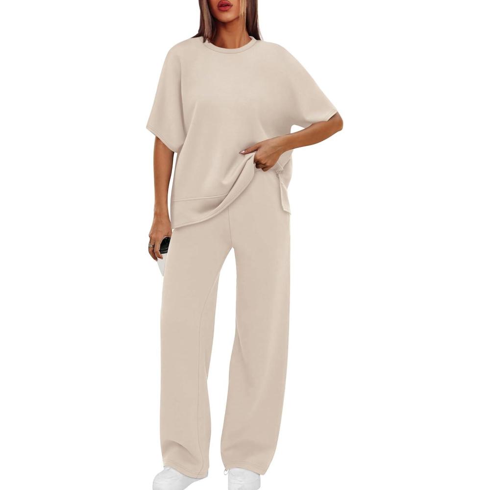 imageXIEERDUO Womens Side Slit Lounge Sets 2 Piece Travel Outfits Airport Tracksuit Oversized Wide Leg Loungewear S3XLApricot