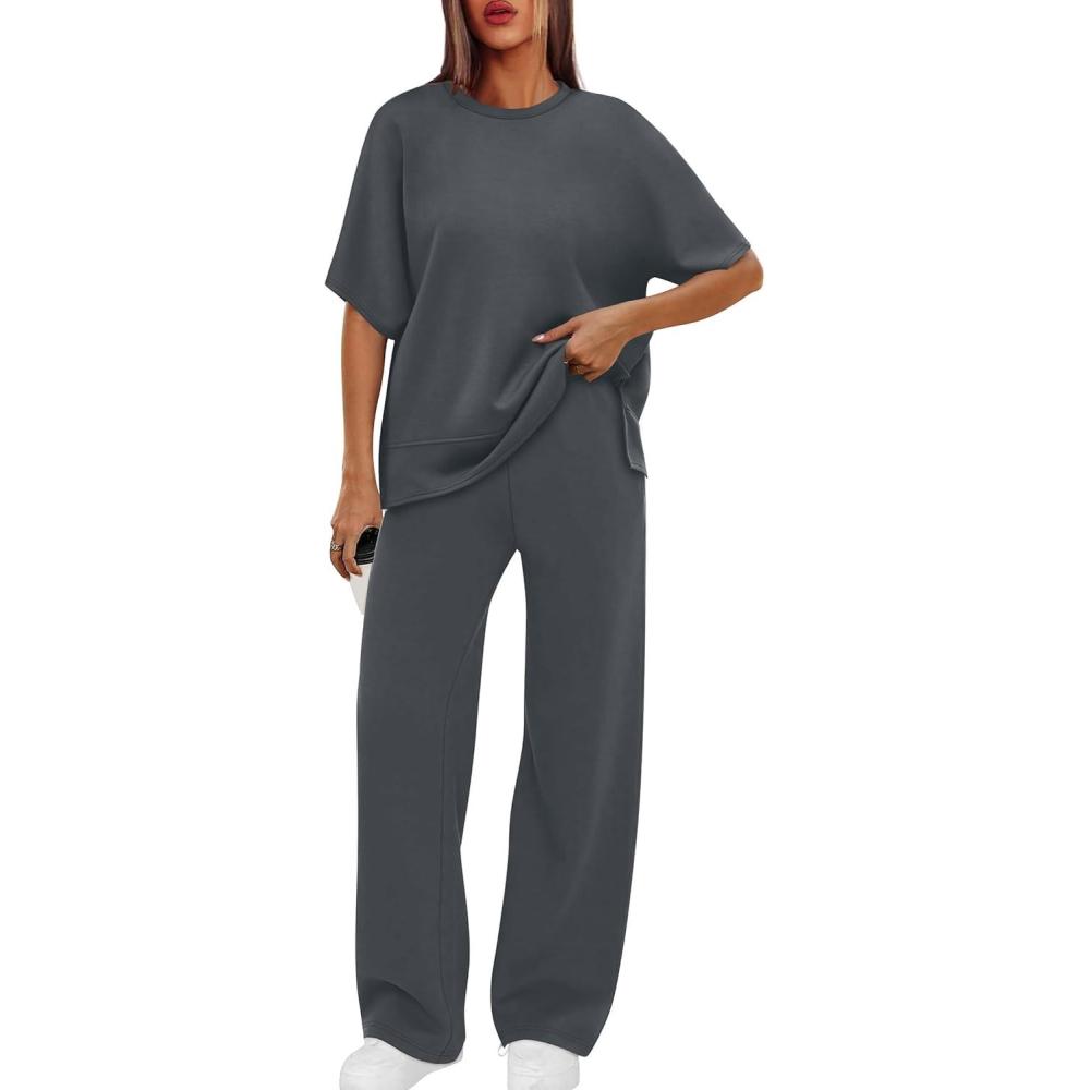 imageXIEERDUO Womens Side Slit Lounge Sets 2 Piece Travel Outfits Airport Tracksuit Oversized Wide Leg Loungewear S3XLDark Grey
