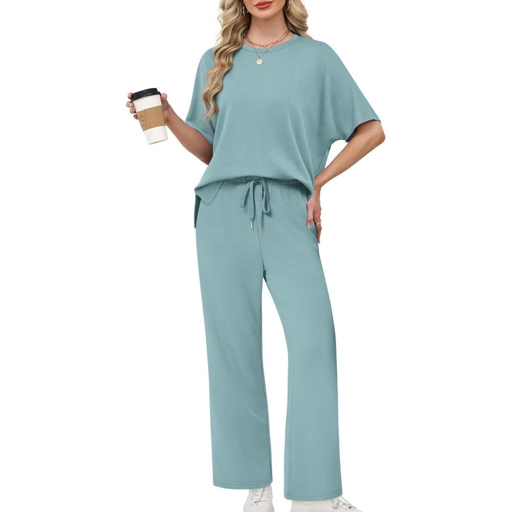 imageXIEERDUO Womens Side Slit Lounge Sets 2 Piece Travel Outfits Airport Tracksuit Oversized Wide Leg Loungewear S3XLLake Blue
