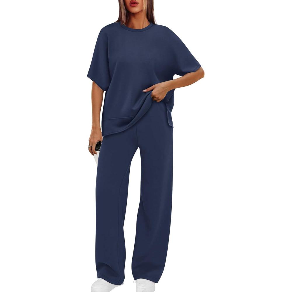 imageXIEERDUO Womens Side Slit Lounge Sets 2 Piece Travel Outfits Airport Tracksuit Oversized Wide Leg Loungewear S3XLNavy